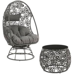 Bowery Hill Wicker Patio Lounge Chair and Side Table in Charcoal and Black