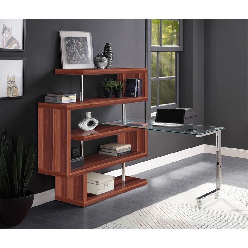 Bowery Hill Glass Top Writing Desk in Chrome and Walnut High Gloss