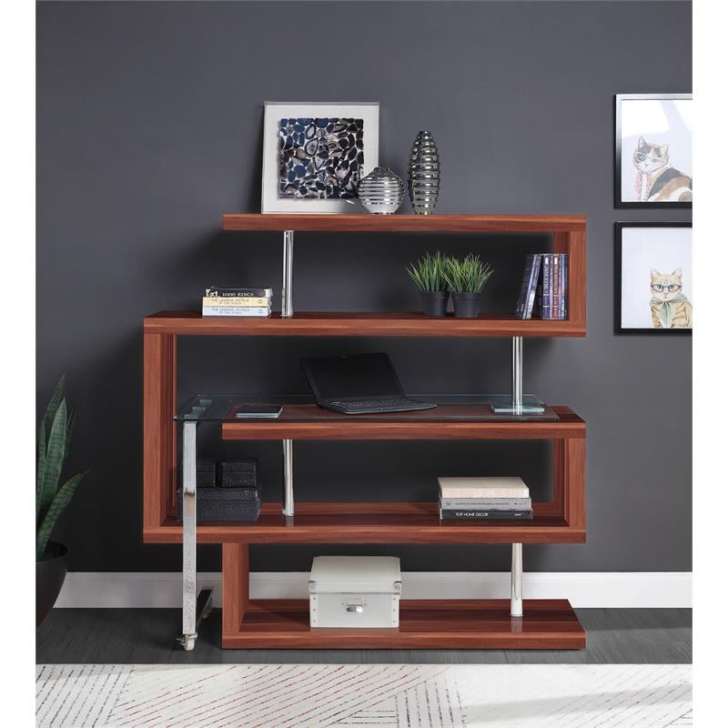 Bowery Hill Glass Top Writing Desk in Chrome and Walnut High Gloss