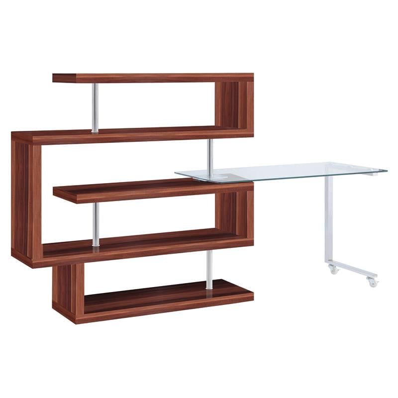 Bowery Hill Glass Top Writing Desk in Chrome and Walnut High Gloss