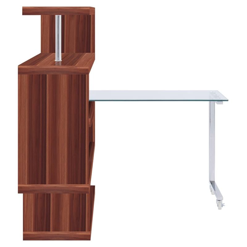 Bowery Hill Glass Top Writing Desk in Chrome and Walnut High Gloss