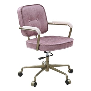 Bowery Hill Office Chair with Wooden Arm in Pink Top Grain Leather