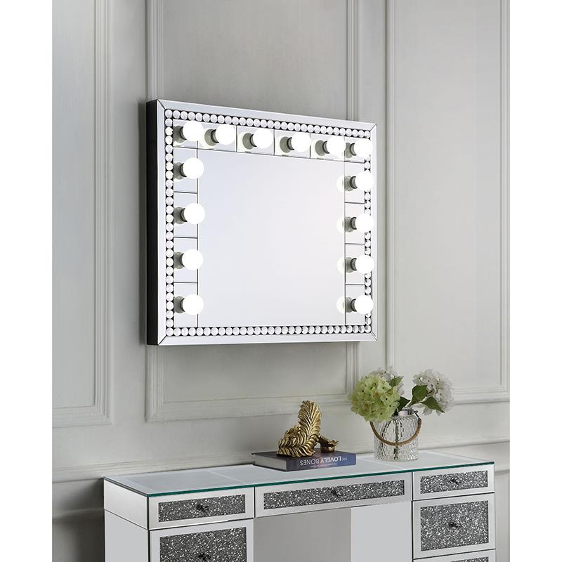 Bowery Hill Lighted Vanity Mirror in Mirrored and Faux Crystal Diamonds