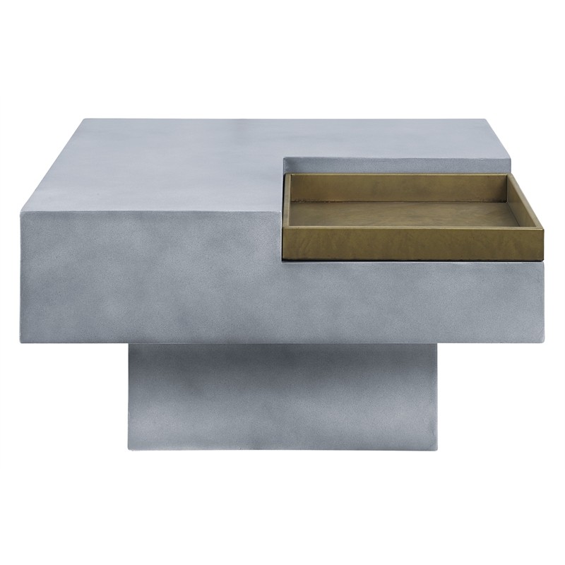 Bowery Hill Square Cement Coffee Table with Gold Tray in Weathered Gray