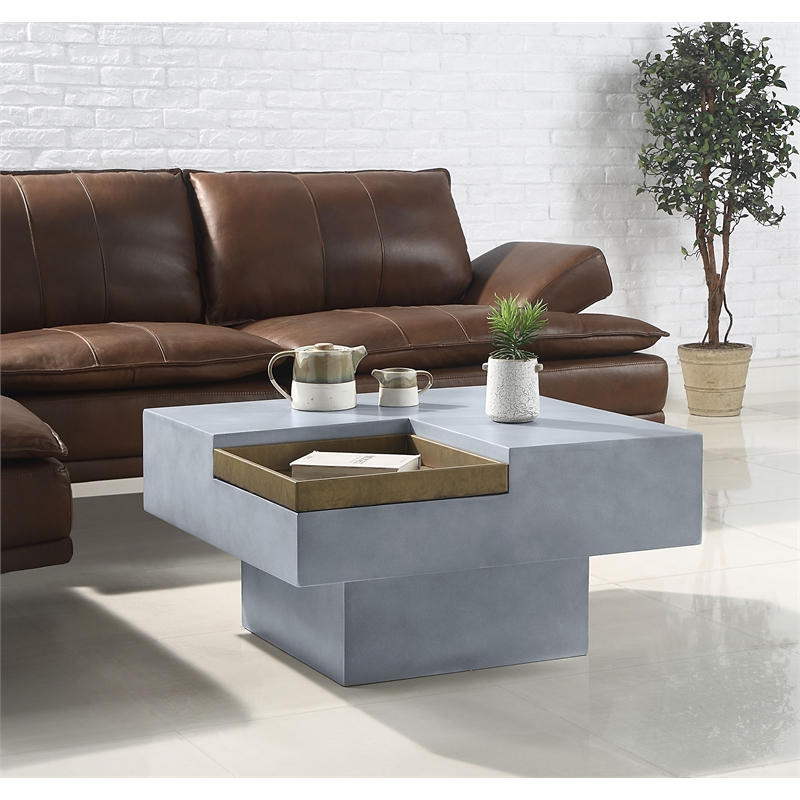 Bowery Hill Square Cement Coffee Table with Gold Tray in Weathered Gray
