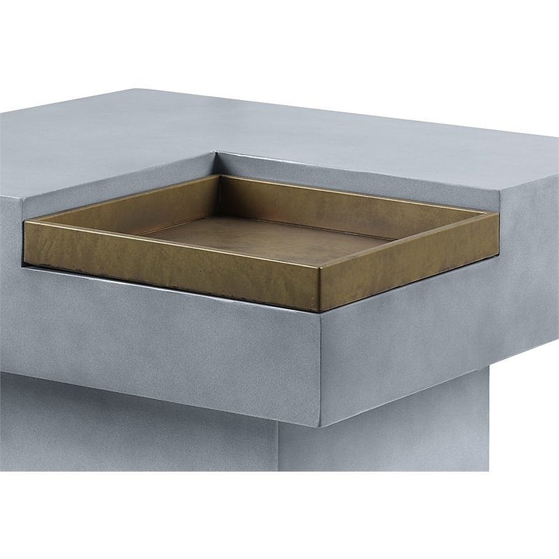 Bowery Hill Square Cement Coffee Table with Gold Tray in Weathered Gray