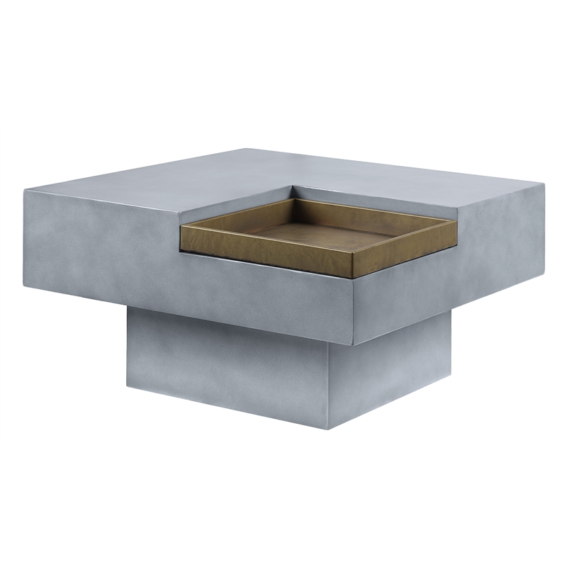 Bowery Hill Square Cement Coffee Table with Gold Tray in Weathered Gray