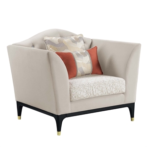 Bowery Hill Velvet Tufted Chair with 3 Pillows in Beige and Black