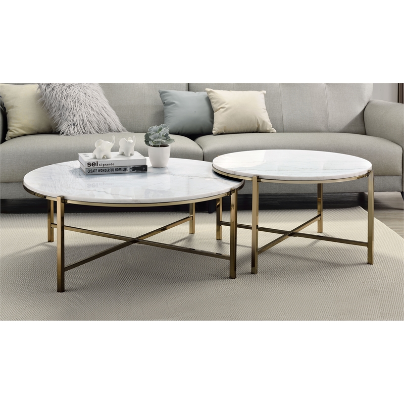Bowery Hill Metal Nesting Table Set with Marble Top in Bronze - Set of 2