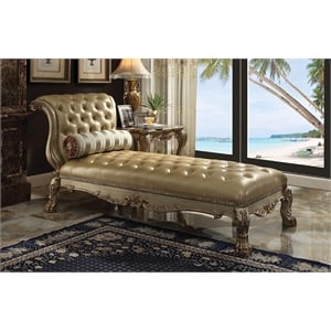 Bowery Hill Chaise with 1 Pillow in Bone Faux Leather and Gold Patina