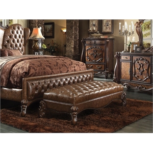 Bowery Hill Bench in Two Tone Light Brown Faux Leather and Cherry Oak