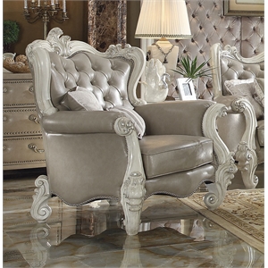 Bowery Hill Chair with 2 Pillows in Gray Faux Leather and Bone White