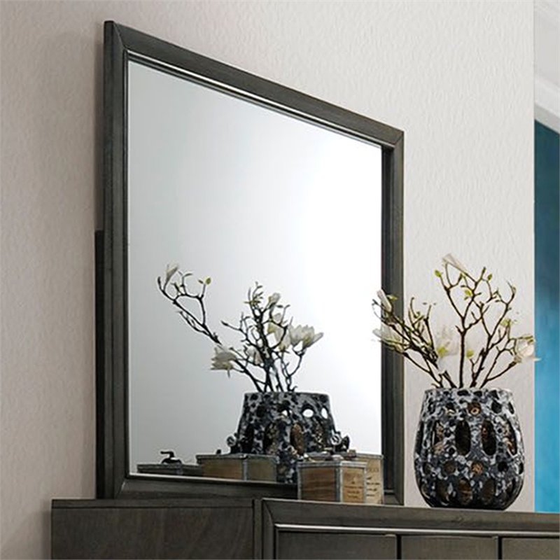 Bowery Hill Wooden Frame Wall Mirror with Angled Lines in Gray