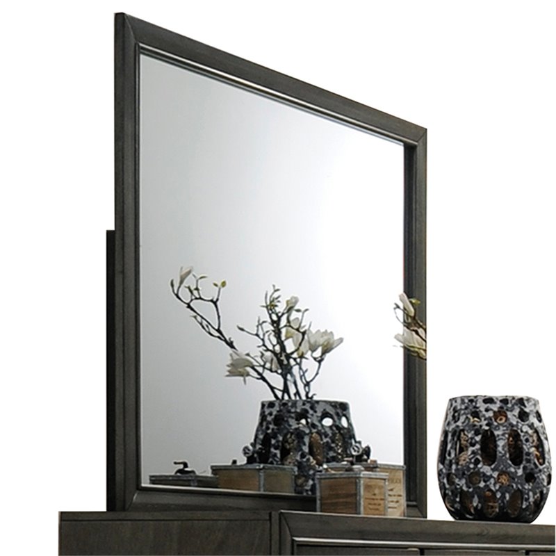 Bowery Hill Wooden Frame Wall Mirror with Angled Lines in Gray