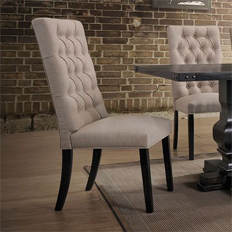 Bowery Hill Linen Fabric Tufted Parson Dining Side Chair in Tan and Black