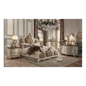 Bowery Hill Cal King Bed in Butterscotch Faux Leather and Antique Pearl