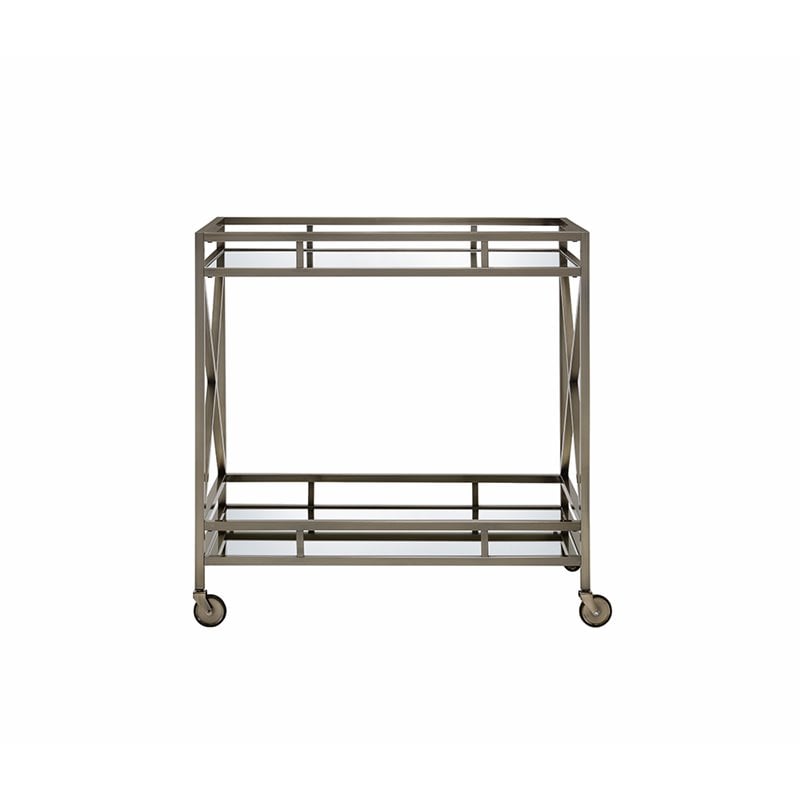 Bowery Hill Rectangular Metal Mirror Top Serving Cart in Antique Brass