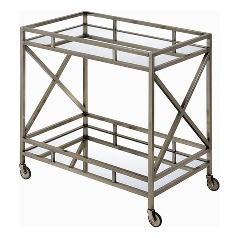 Bowery Hill Rectangular Metal Mirror Top Serving Cart in Antique Brass