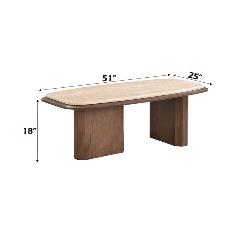 Bowery Hill Oval Coffee Table with Genuine Travertine Top in Walnut