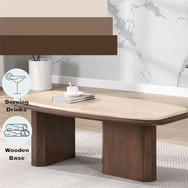 Bowery Hill Oval Coffee Table with Genuine Travertine Top in Walnut