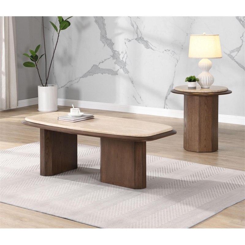 Bowery Hill Oval Coffee Table with Genuine Travertine Top in Walnut