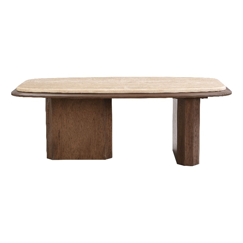 Bowery Hill Oval Coffee Table with Genuine Travertine Top in Walnut