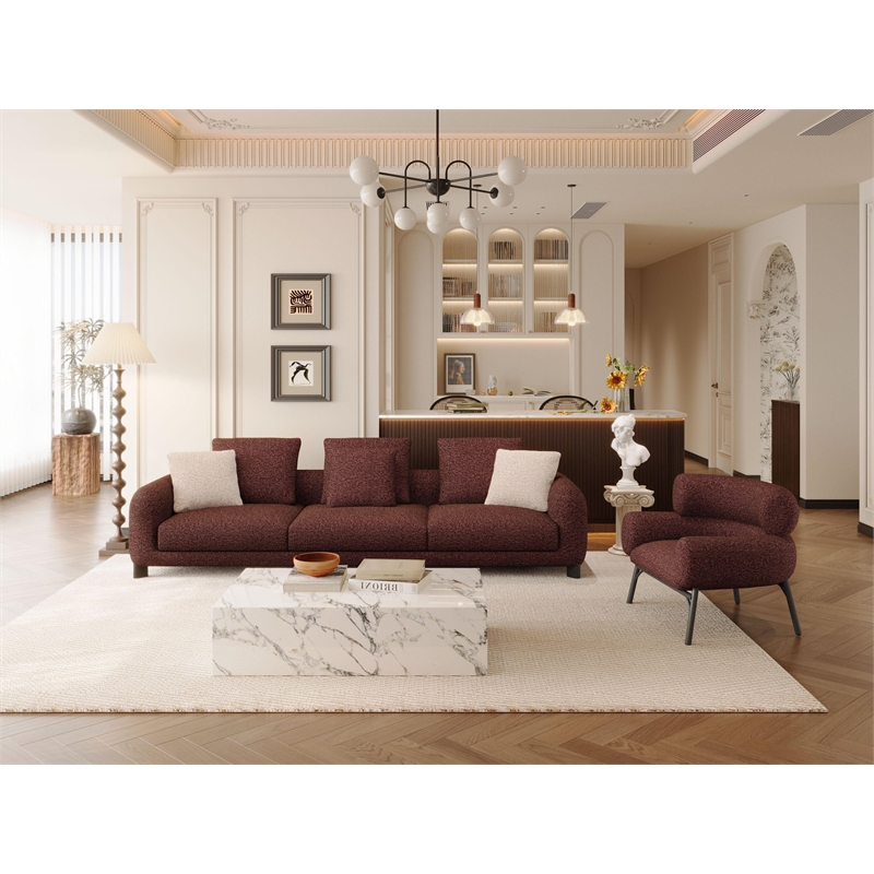 Bowery Hill Upholstered Sofa with 3 Pillows in Maroon Tweed Boucle