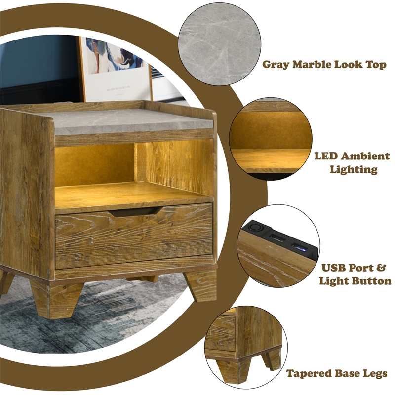 Bowery Hill Nightstand with LED Lighting in Light Aspen Brown