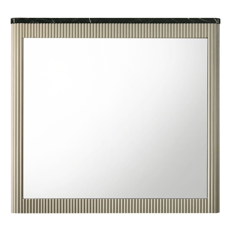 Bowery Hill Rectangular Wall Mirror with Marble-Look Trim in Gray and Beige