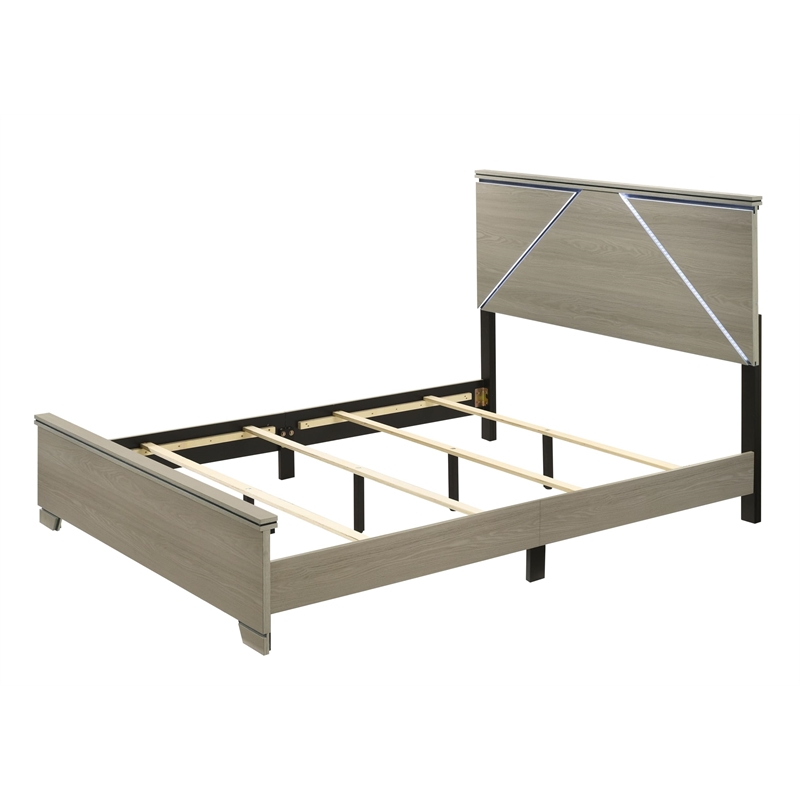 Bowery Hill Queen Bed with Geometric LED Headboard in Weathered Gray