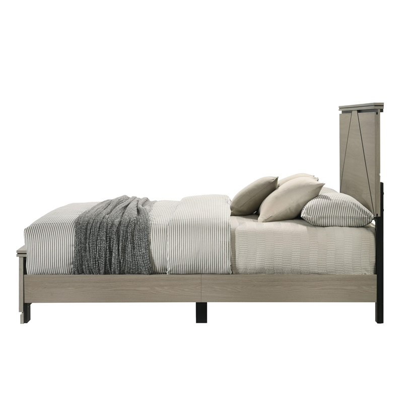 Bowery Hill Queen Bed with Geometric LED Headboard in Weathered Gray