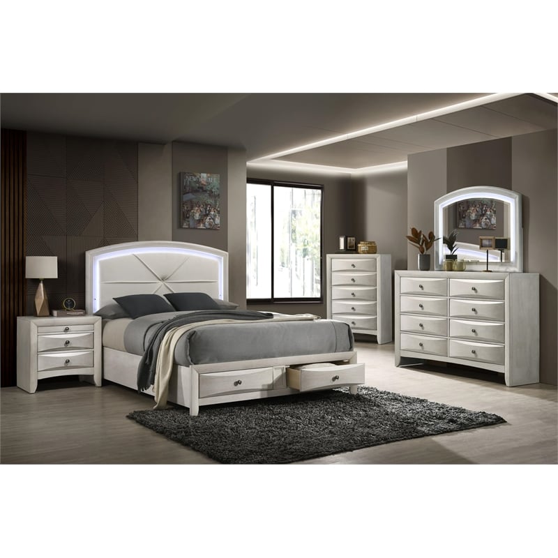 Bowery Hill Queen Storage Bed with LED Headboard in Antique White