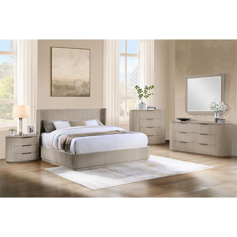Bowery Hill Eastern King Wingback Bed with Fluted Design in Light Oak