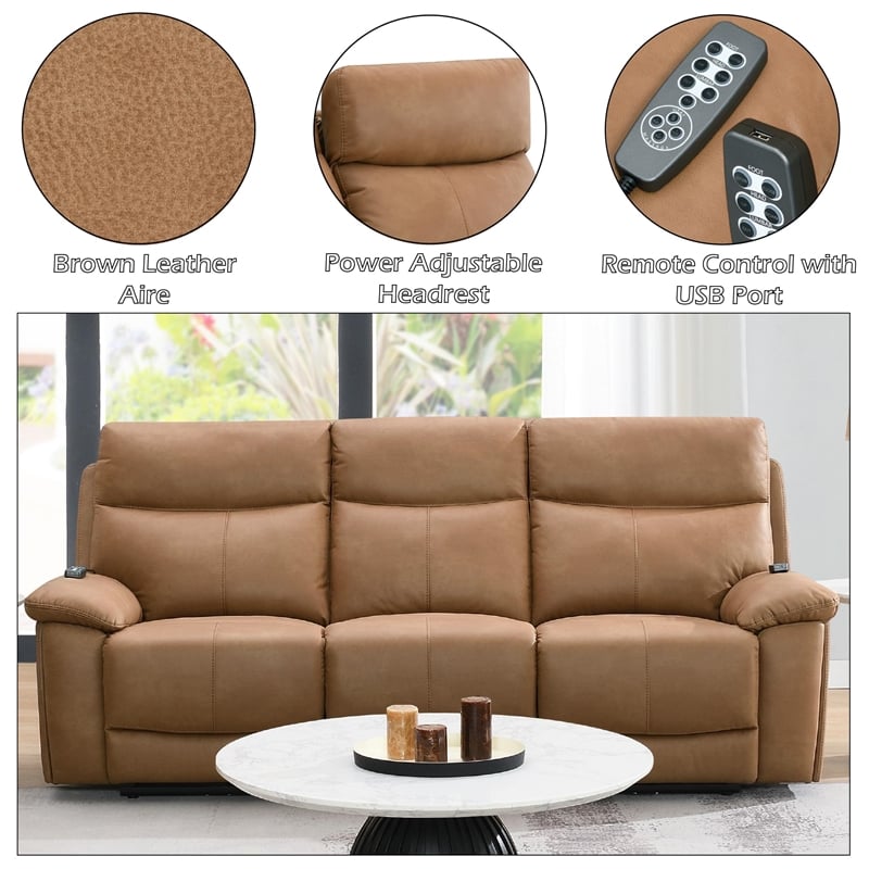 Bowery Hill Power Motion Sofa with USB and Power Headrest in Brown Leather