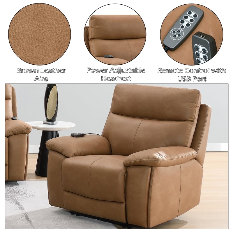 Bowery Hill Power Recliner with USB and Power Headrest in Brown Leather