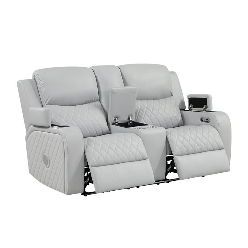 Bowery Hill Power Motion Loveseat in Light Gray Synthetic Leather