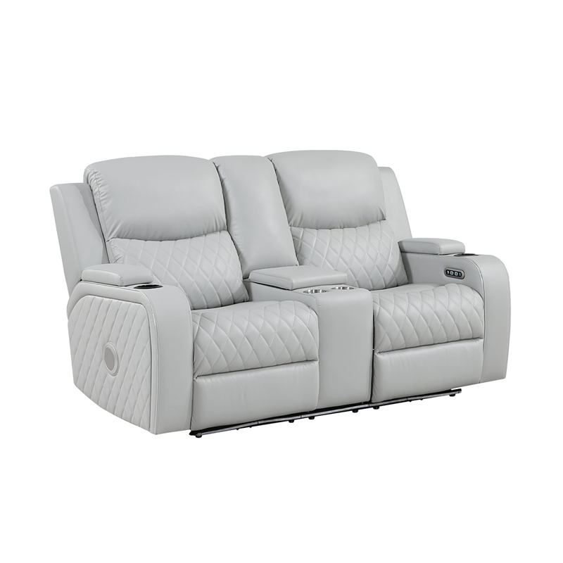 Bowery Hill Power Motion Loveseat in Light Gray Synthetic Leather