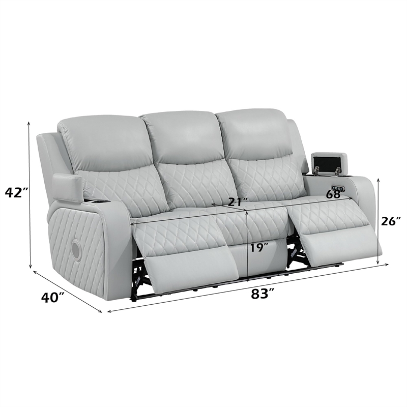 Bowery Hill Power Motion Sofa in Light Gray Synthetic Leather