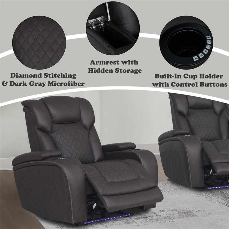 Bowery Hill Quilted Power Motion Recliner in Dark Gray Microfiber