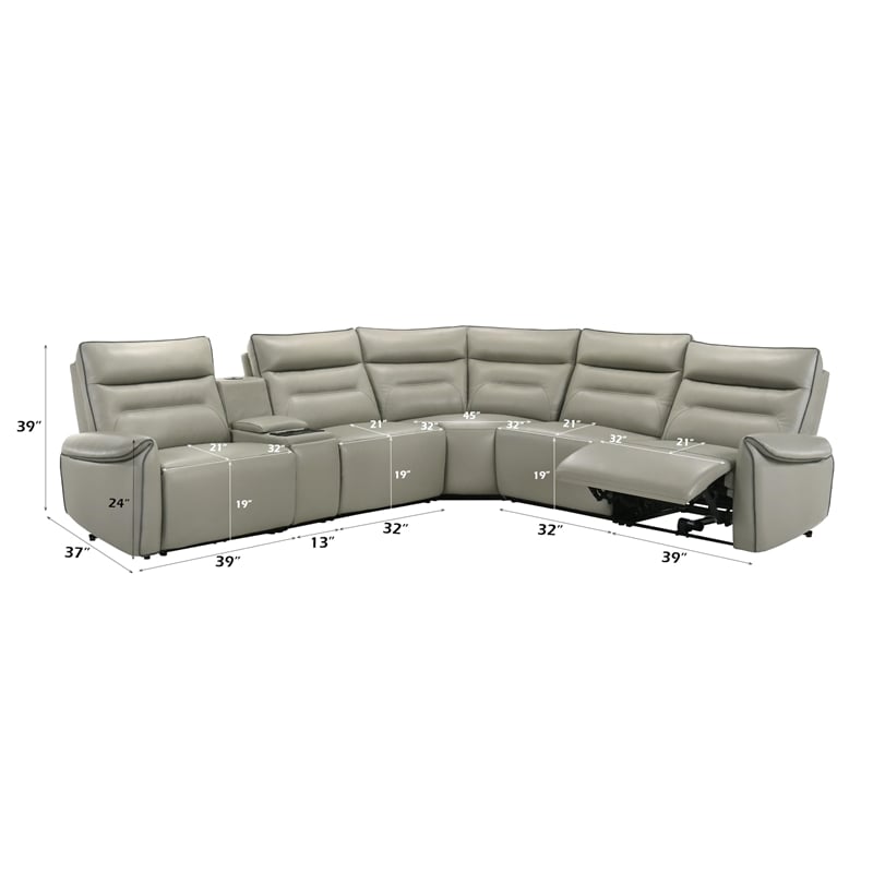 Bowery Hill Power Motion Sectional Sofa in Light Gray Top Grain Leather