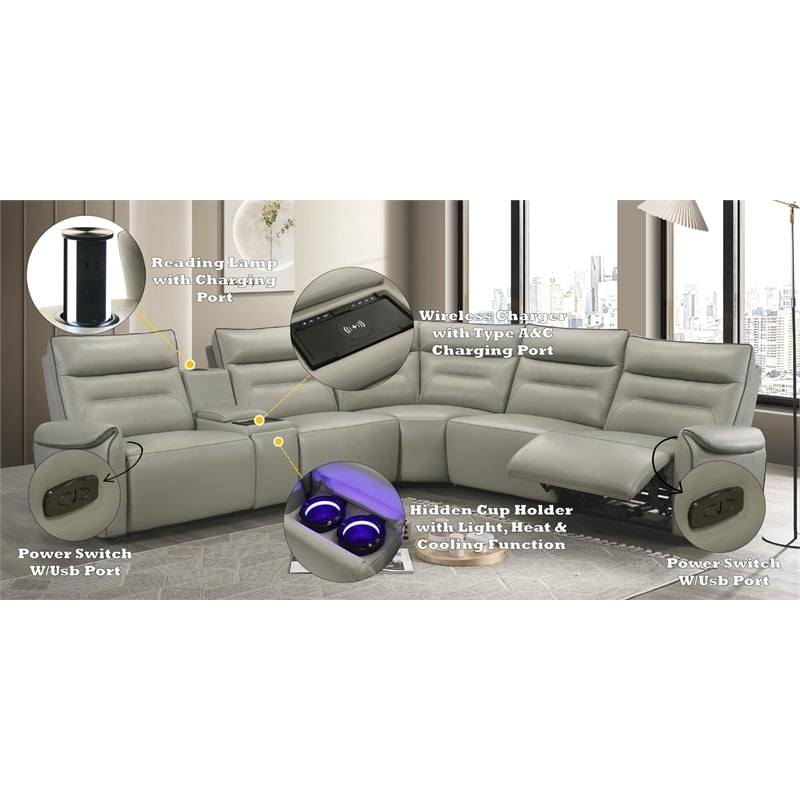 Bowery Hill Power Motion Sectional Sofa in Light Gray Top Grain Leather