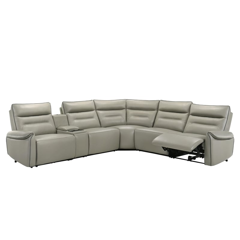 Bowery Hill Power Motion Sectional Sofa in Light Gray Top Grain Leather