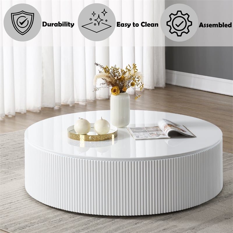 Bowery Hill Round Coffee Table with Fixed Top in White High Gloss