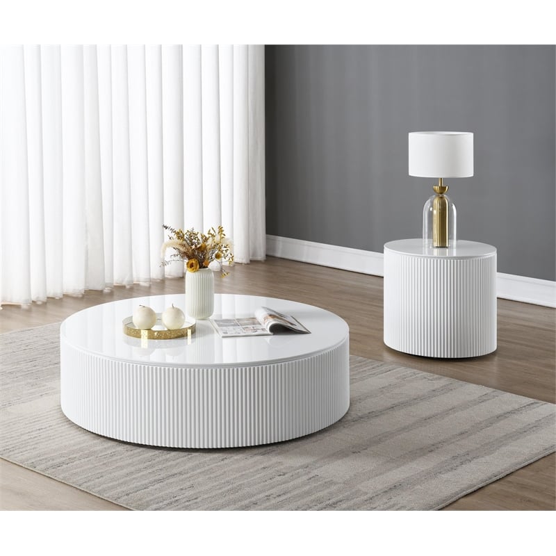 Bowery Hill Round Coffee Table with Fixed Top in White High Gloss