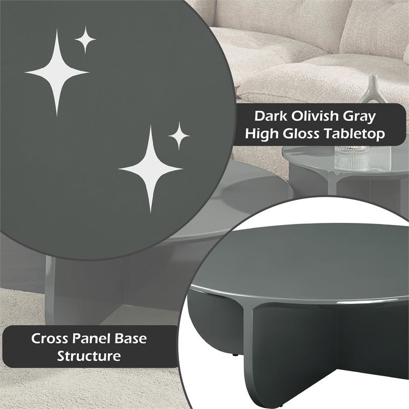 Bowery Hill Round Coffee Table with Cross Base in Teal High Gloss