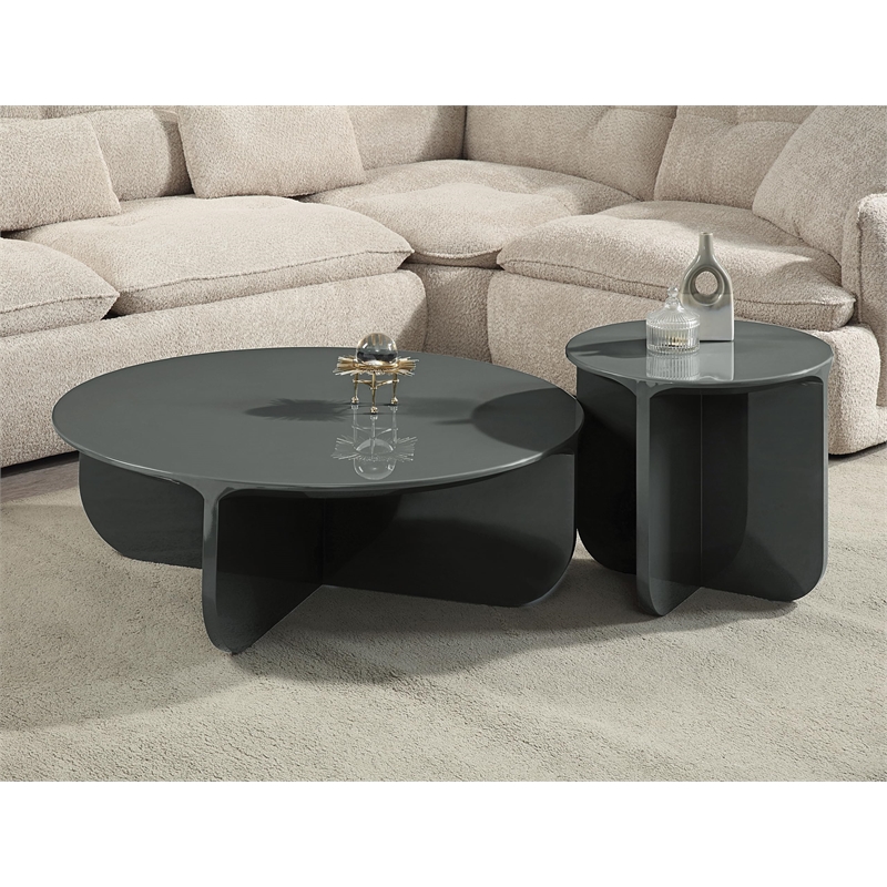 Bowery Hill Round Coffee Table with Cross Base in Teal High Gloss