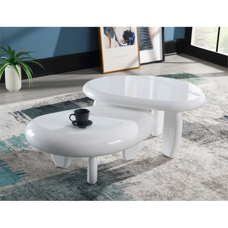 Bowery Hill Three-Leg End Table with Pebble Top in White High Gloss