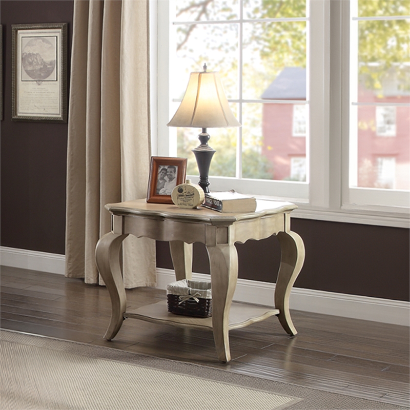 Bowery Hill End Table with Scrolled Storage Shelf in Antique Taupe