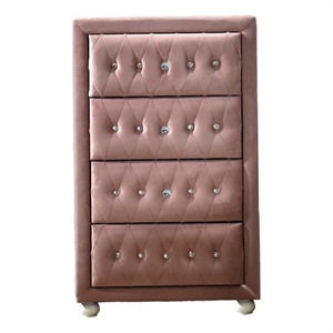 Bowery Hill Tufted 4-Drawer Youth Chest in Pink Fabric and White