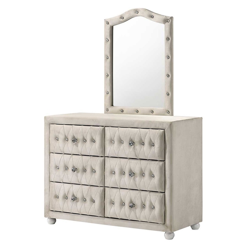 Bowery Hill Arched Button-Tufted Dresser Mirror in Beige Fabric